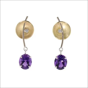 Amethyst and Diamond Disc Dangle Earrings 18KY Sterling Silver