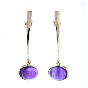 Amethyst Cabochon Forged Dangle Earrings 18KY (Consignment)