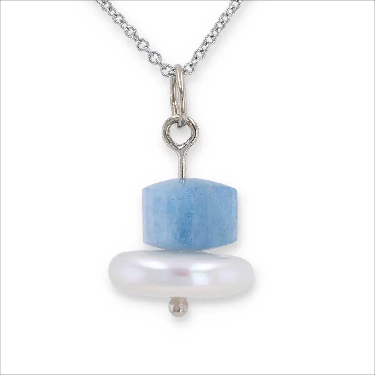 Aquamarine Bead Coin Pearl Pendant 14KW