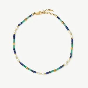 Beaded Gemstone & Pearl Anklet | 18ct Gold Plated/Lagoon Blue