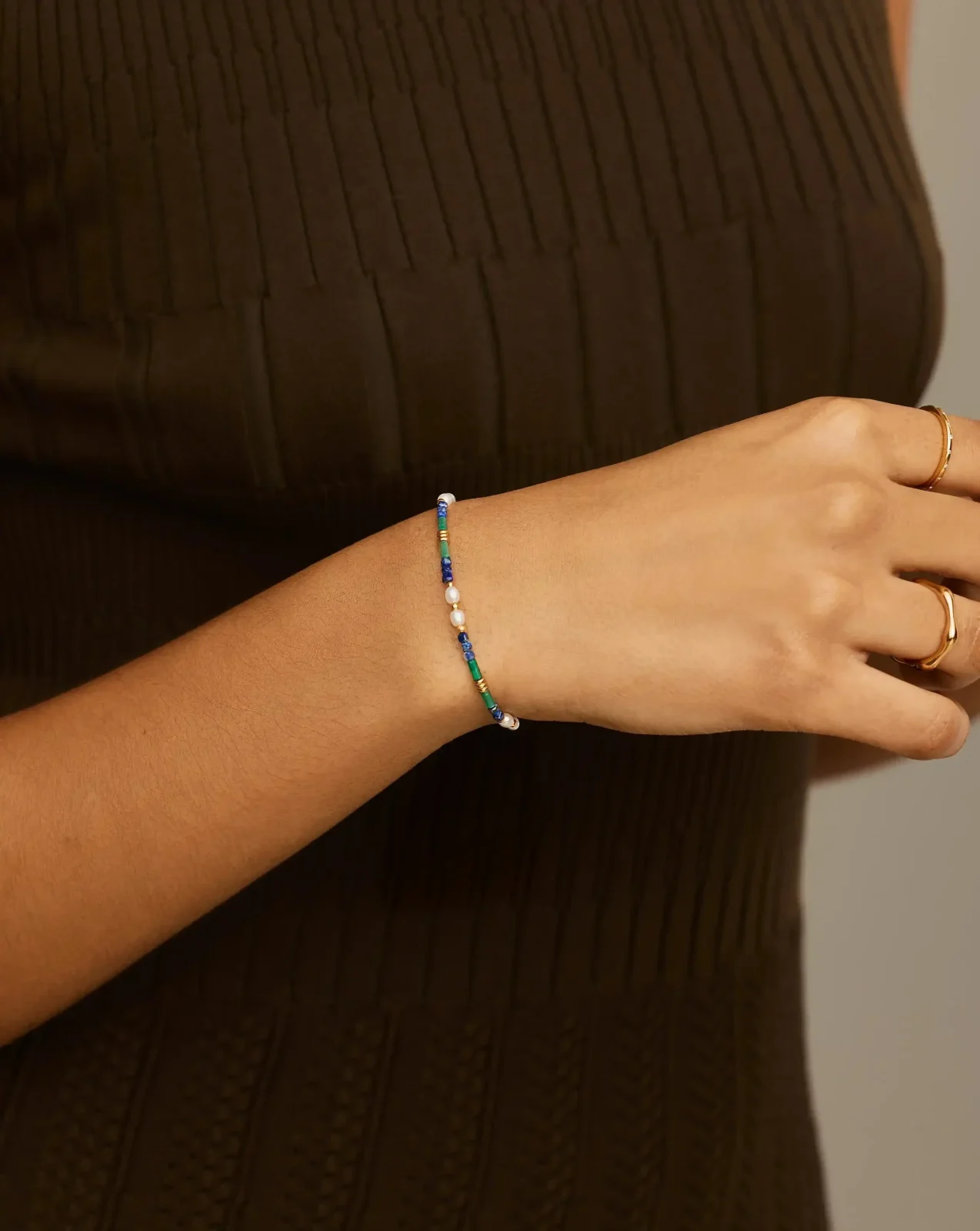 Beaded Gemstone & Pearl Bracelet | 18ct Gold Plated/Lagoon Blue - Image 2