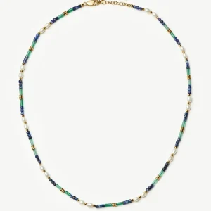 Beaded Gemstone & Pearl Short Necklace | 18ct Gold Plated/Lagoon Blue