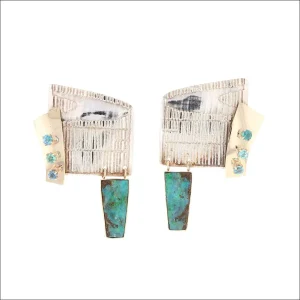 Boulder Opal Paraiba Tourmaline Textured Earrings 14KY Sterling Silver (Consignment)