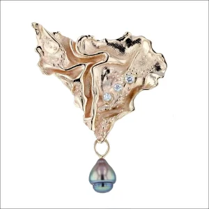 Crinkle Tahitian Pearl Diamond Brooch 14KY (Removable Pearl) (Consignment)