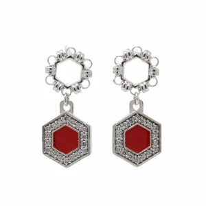 Deco Statement Earrings in Silver With Red & Pavé
