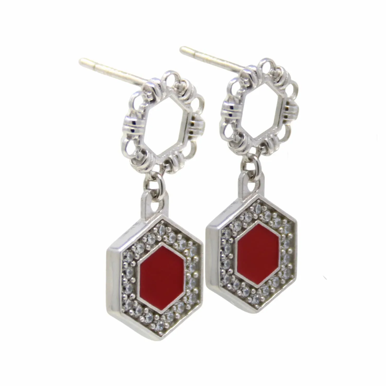 Deco Statement Earrings in Silver With Red & Pavé - Image 2