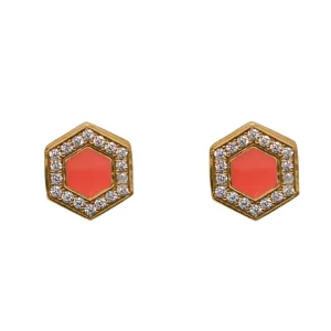 Deco Stud Earrings in Gold With Coral & Pavé