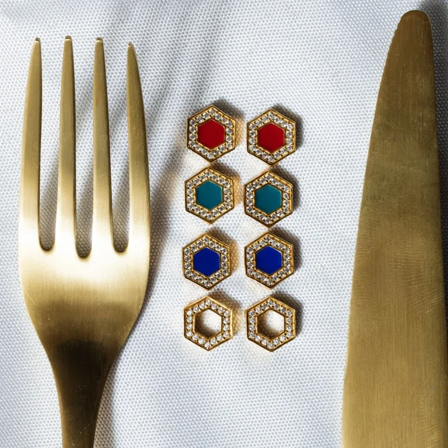 Deco Stud Earrings in Gold With Red & Pavé - Image 2