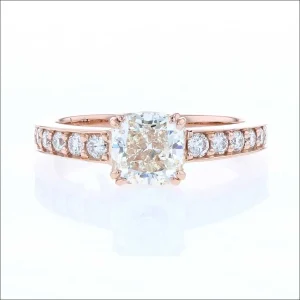 Double Prong Cushion Diamond with Bead Set Side Diamonds Engagement Ring 14K Rose (Consignment)