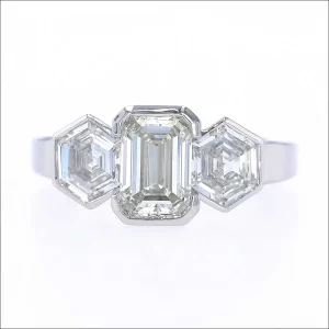 Emerald Cut and Hex Cut 3-Stone Diamond Engagement Ring Platinum