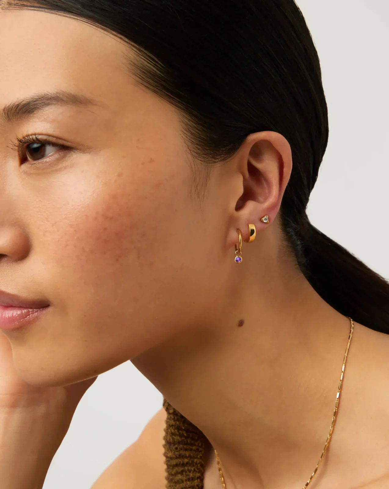February Birthstone Mini Charm Hoop Earrings | 18ct Gold Plated/Amethyst - Image 2