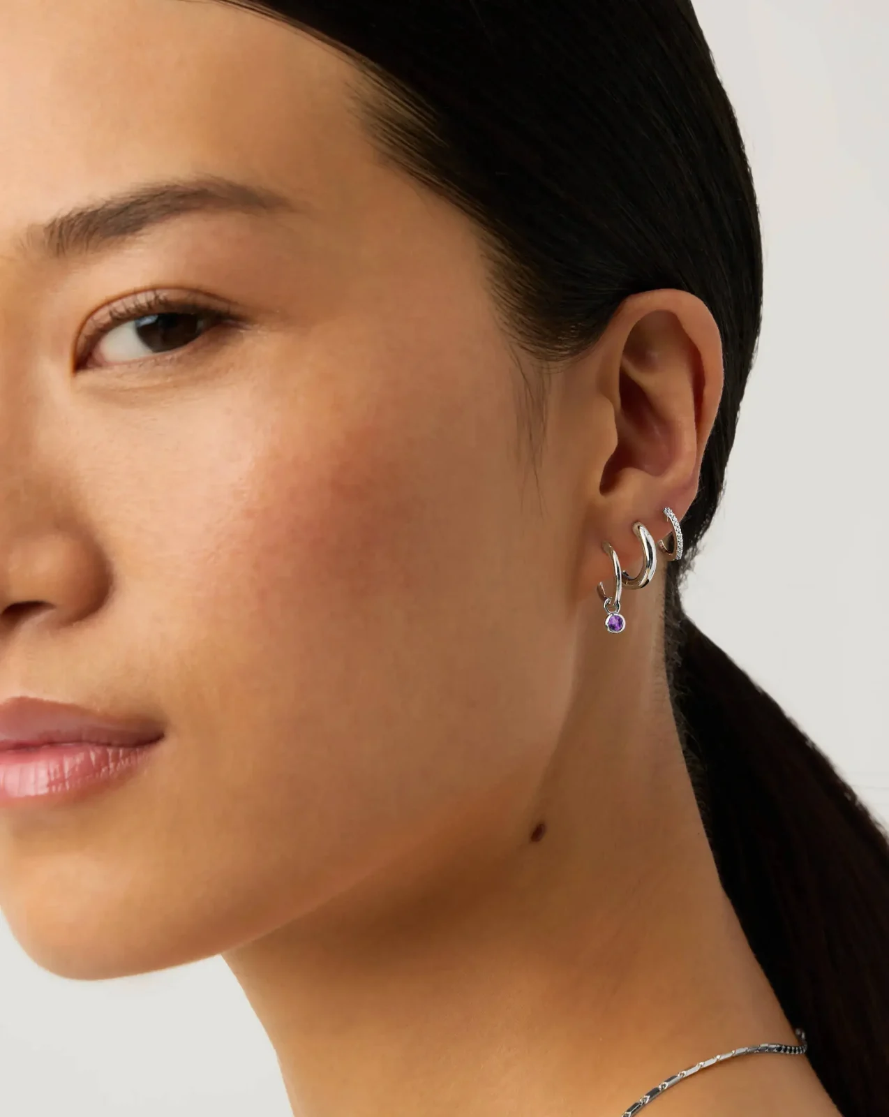 February Birthstone Mini Charm Hoop Earrings | Silver Plated/Amethyst - Image 2