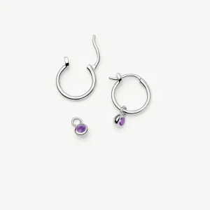 February Birthstone Mini Charm Hoop Earrings | Silver Plated/Amethyst