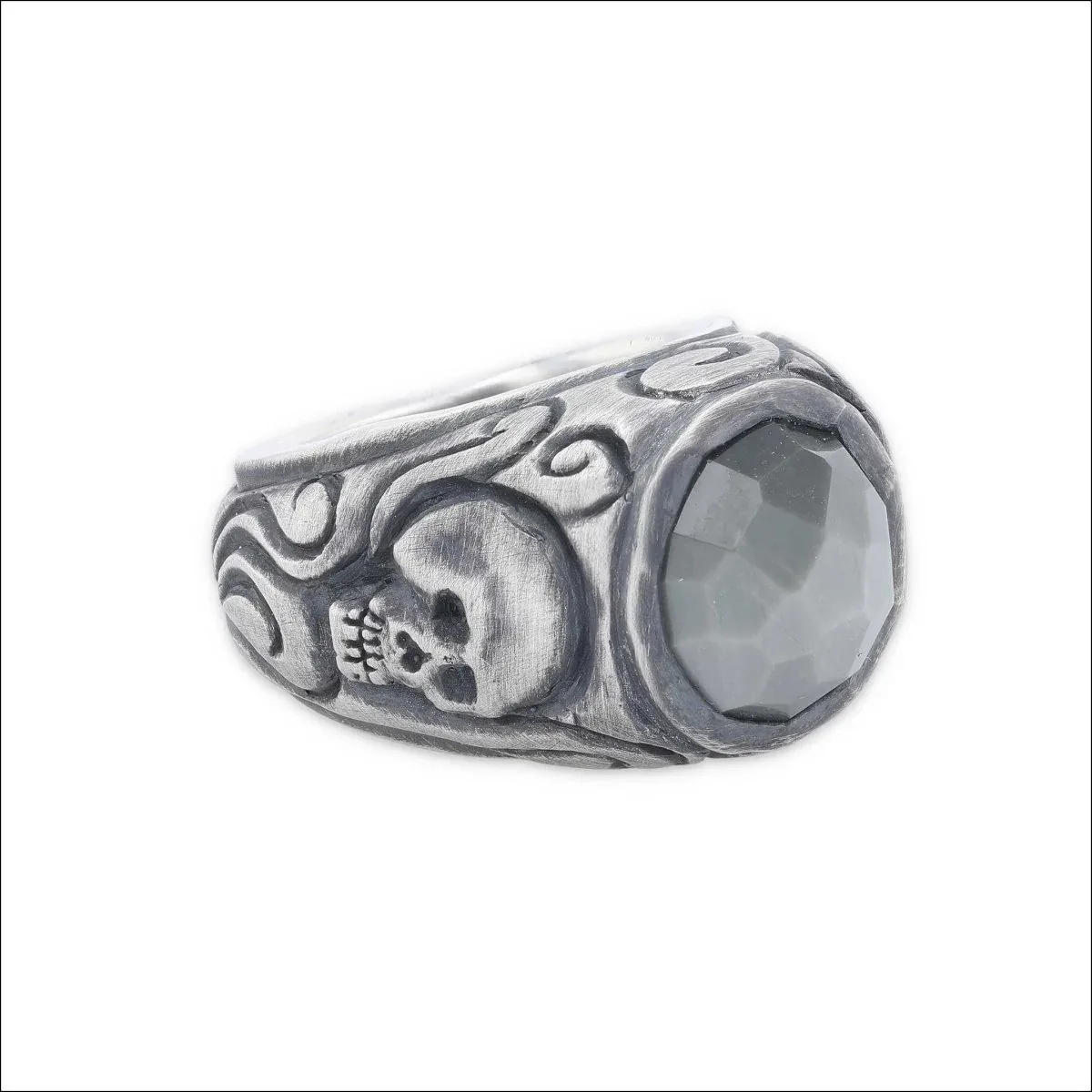 Gray Quartz Skull and Swirl Ring Sterling Silver