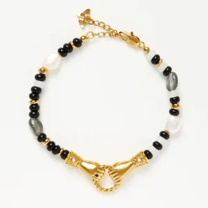 Harris Reed In Good Hands Beaded Gemstone Bracelet | 18ct Gold Plated/Black Chalcedony & Pearl