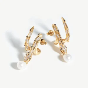 Harris Reed Solid Gold Coiled Serpent Earrings | 14ct Solid Gold/Pearl & Diamond