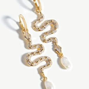 Harris Reed Solid Gold Serpent Drop Earrings | 14ct Solid Gold/Pearl & Diamond