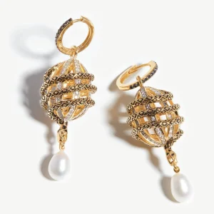 Harris Reed Solid Gold Uncaged Drop Earrings | 14ct Solid Gold/Pearl & Diamond
