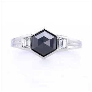 Hexagon Black Diamond Trapezoid Sides Engagement Ring Platinum