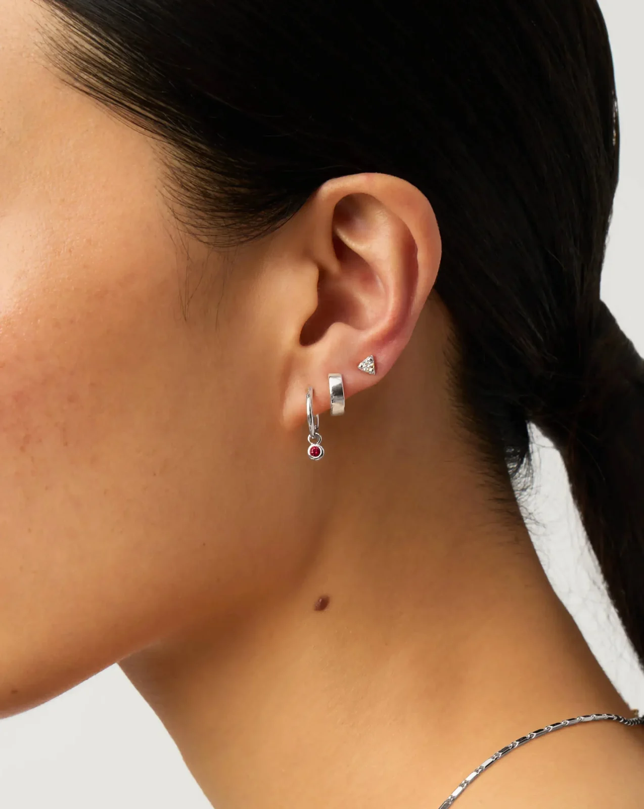 January Birthstone Mini Charm Hoop Earrings | Silver Plated/Garnet - Image 2