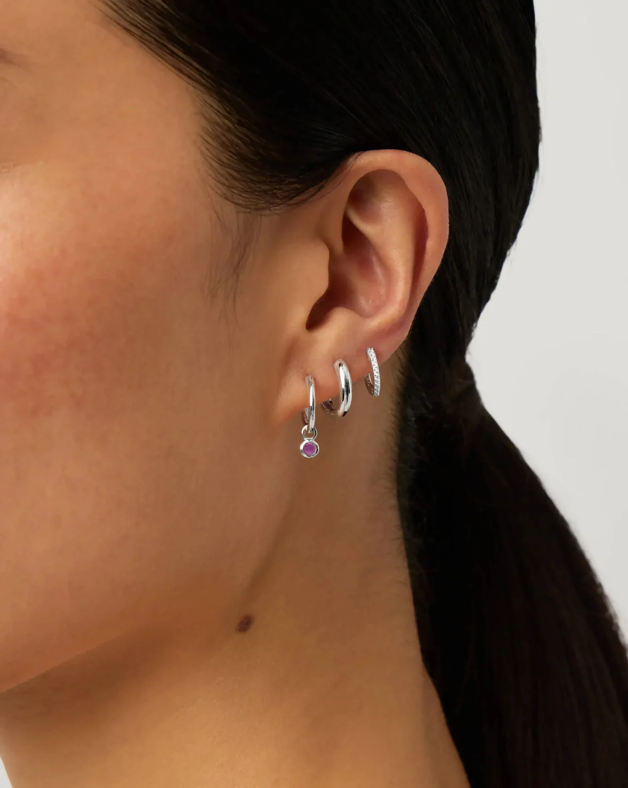 July Birthstone Mini Charm Hoop Earrings | Silver Plated/Glass Filled Ruby - Image 2