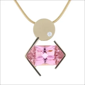 Long Hexagon Pink Tourmaline Diamond Geometric Pendant 18KY