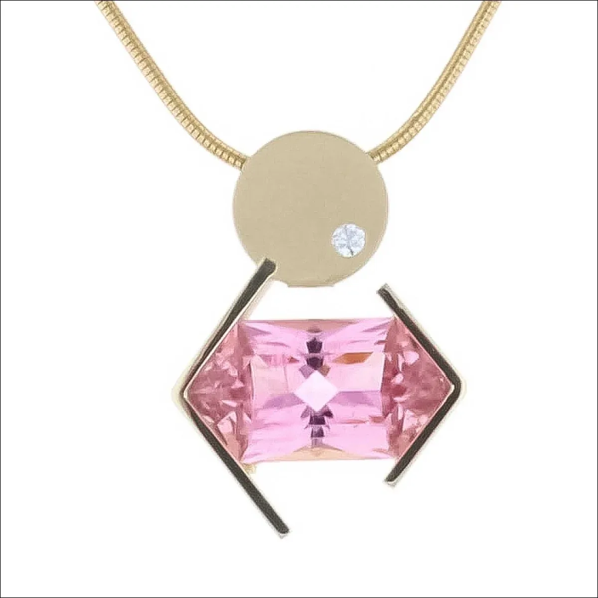 Long Hexagon Pink Tourmaline Diamond Geometric Pendant 18KY