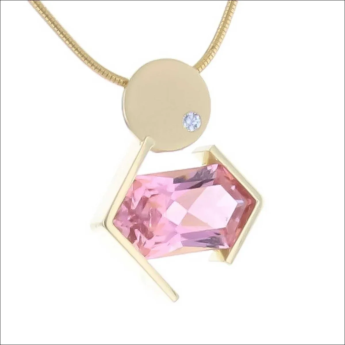 Long Hexagon Pink Tourmaline Diamond Geometric Pendant 18KY - Image 2