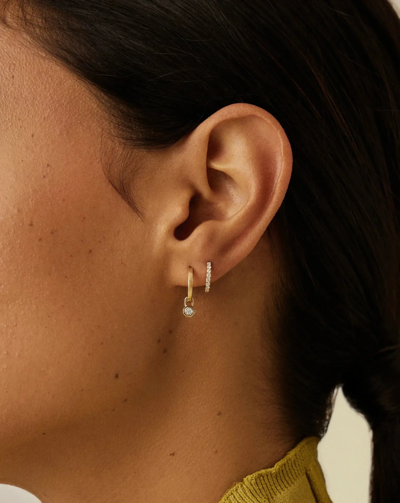 Lucy Williams Solid Gold Diamond Drop Huggies | 9ct Solid Yellow Gold/Lab Grown Diamonds - Image 2