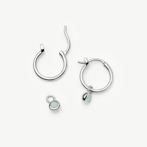 March Birthstone Mini Charm Hoop Earrings | Silver Plated/Milky Aquamarine