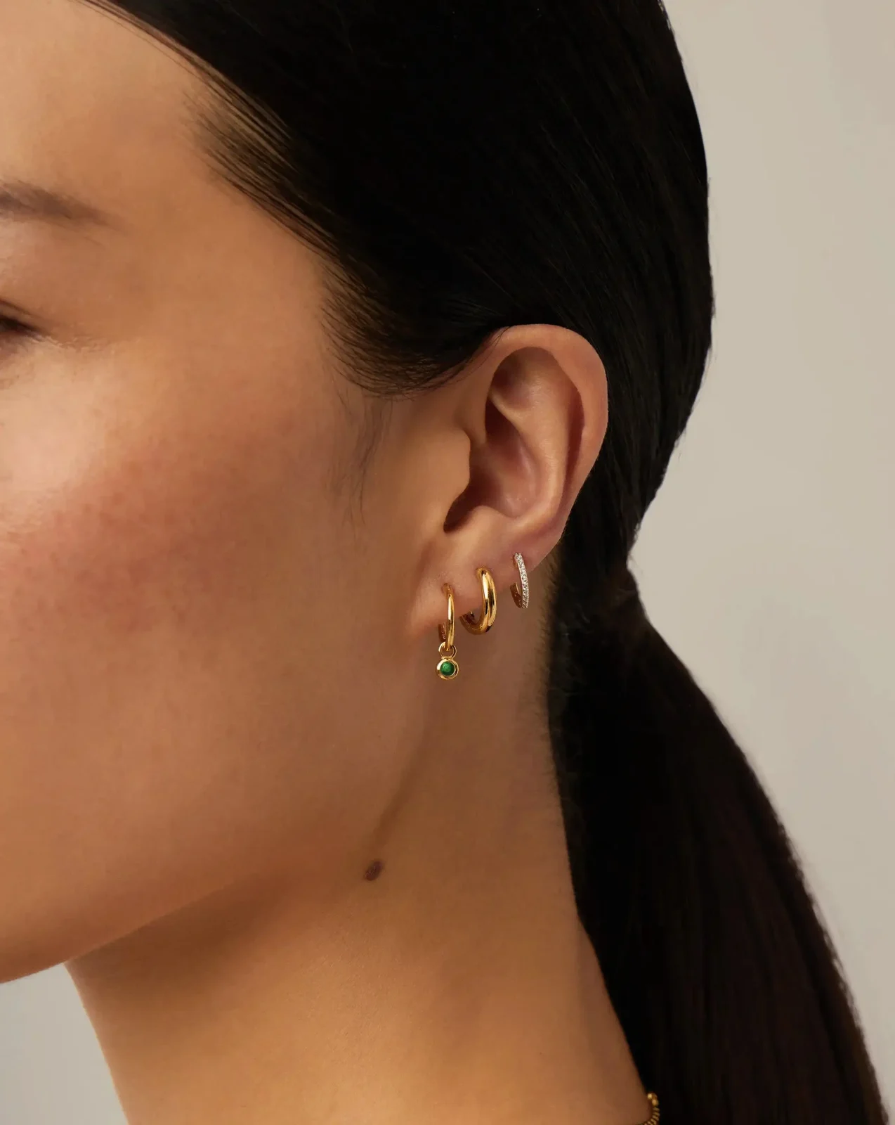 May Birthstone Mini Charm Hoop Earrings | 18ct Gold Plated/Green Onyx - Image 2
