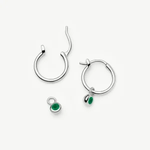 May Birthstone Mini Charm Hoop Earrings | Silver Plated/Green Onyx