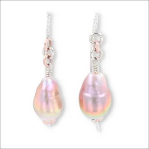 Metallic Pink and Green Freshwater Pearl Threader Earrings with Stoppers 14KW 14K Rose