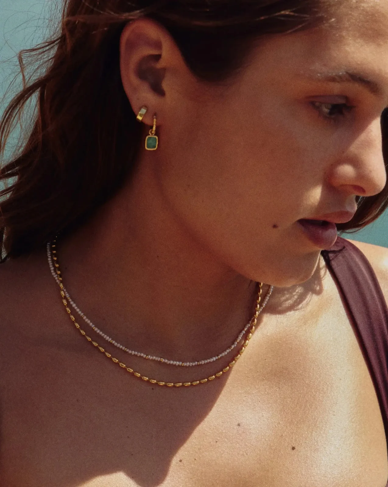 Mini Pyramid Charm Hoop Earrings | 18ct Gold Vermeil/Amazonite - Image 2