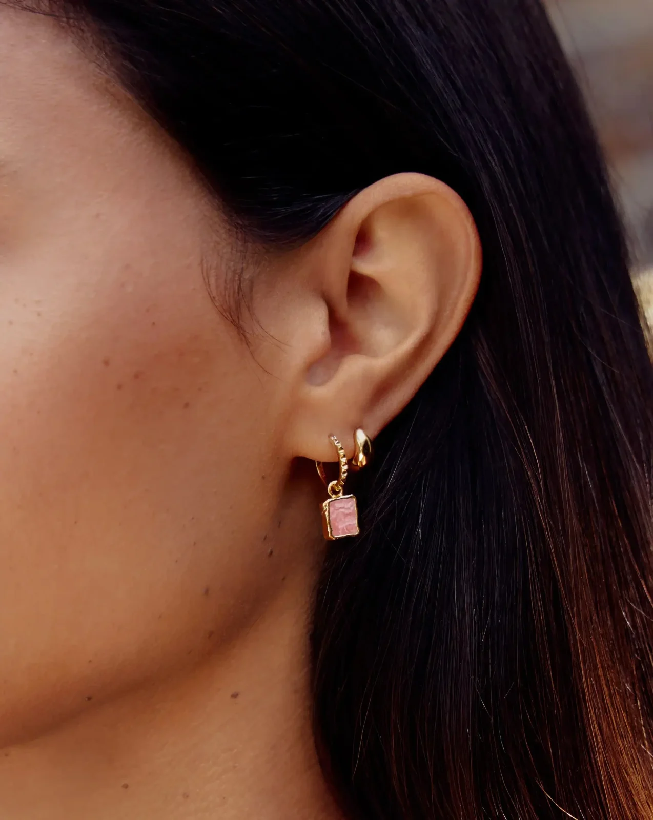 Mini Pyramid Charm Hoop Earrings | 18ct Gold Vermeil/Rhodochrosite - Image 2