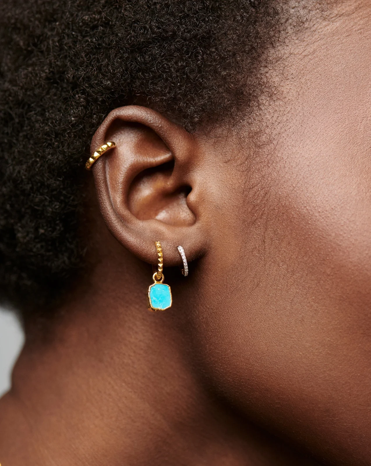 Mini Pyramid Charm Hoop Earrings | 18ct Gold Vermeil/Turquoise - Image 2
