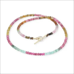 Multi-Color Tourmaline Color Block Bead Strand Necklace 14KW 18KY 17.5"