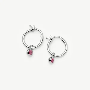 October Birthstone Mini Charm Hoop Earrings | Silver Plated/Pink Tourmaline