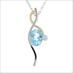 Oval Aquamarine and Diamond Curvy Pendant 14KW 18KY