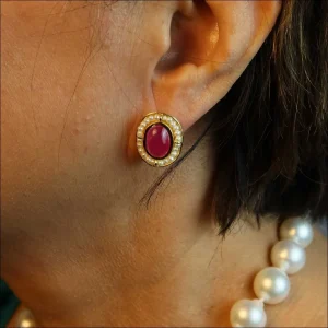 Pink Sapphire Seed Pearl Halo Stud Earrings 18KY