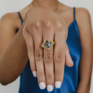 Quadra Ring in Gold with Blue Topaz, Large
