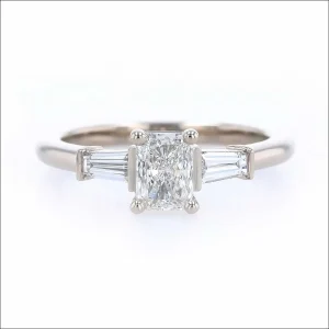 Radiant Cut and Baguette Diamond 3-Stone Engagement Ring 14KW