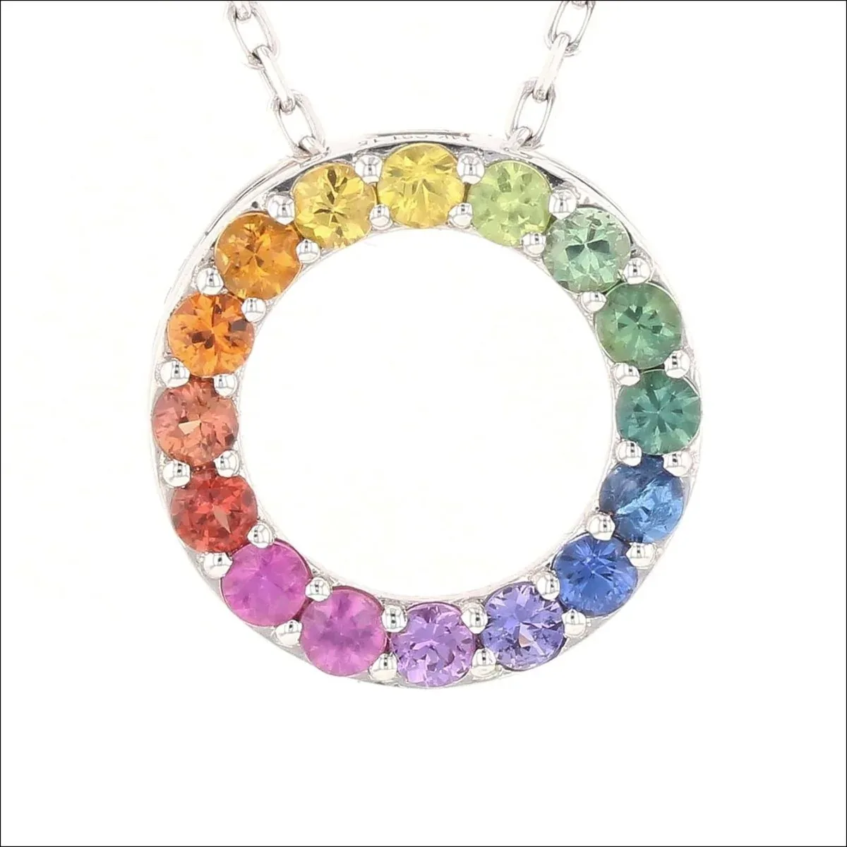 Rainbow Sapphire Circle Shared Prong Pendant 14KW