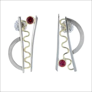 Ruby Bar Squiggle and Arch Asymmetrical Earrings 18KY 14KW