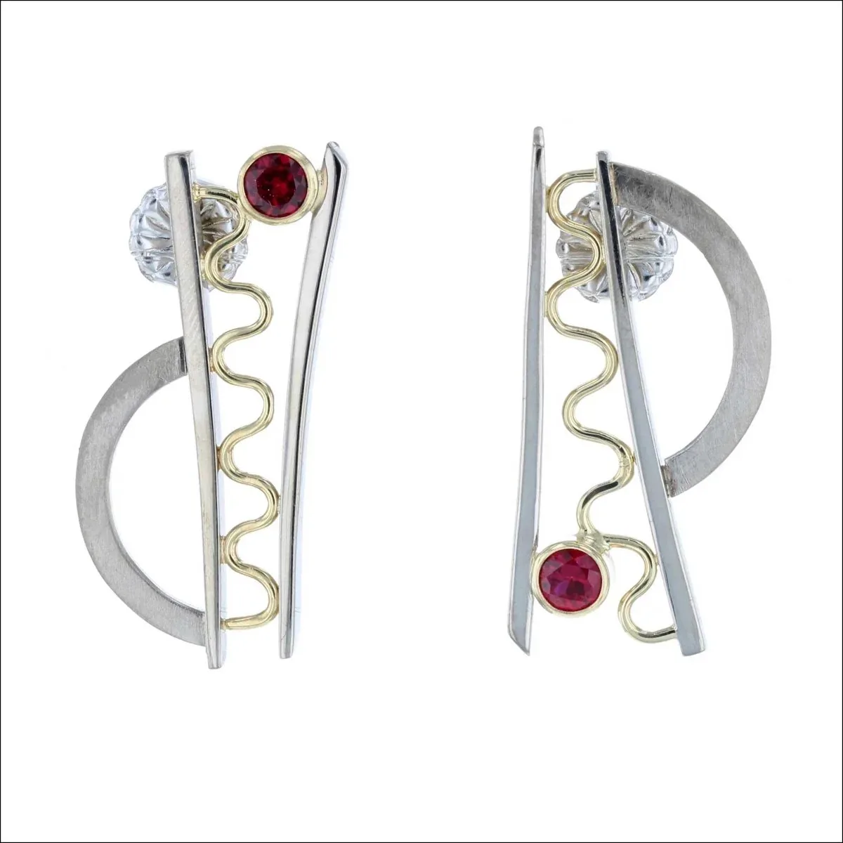 Ruby Bar Squiggle and Arch Asymmetrical Earrings 18KY 14KW