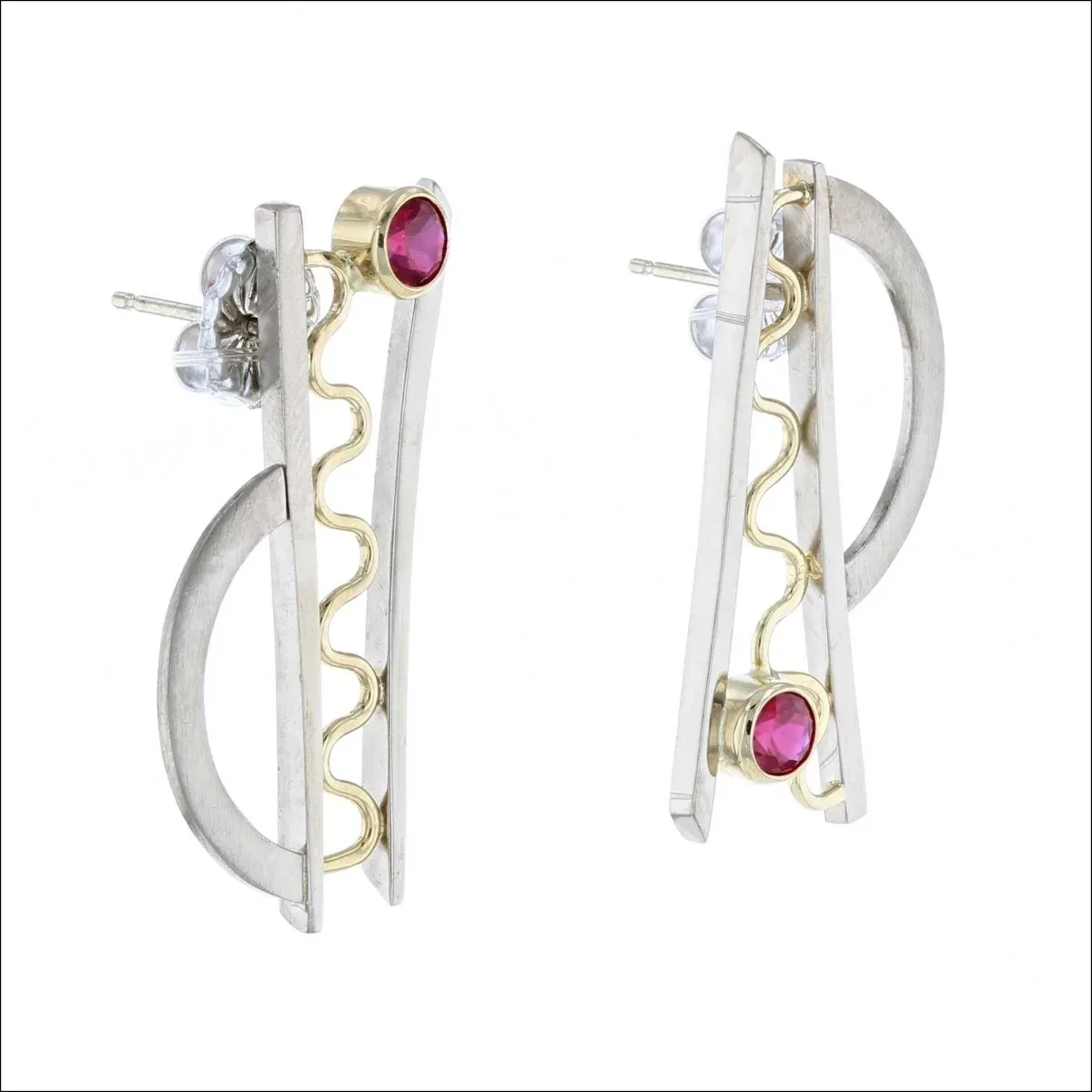 Ruby Bar Squiggle and Arch Asymmetrical Earrings 18KY 14KW - Image 2