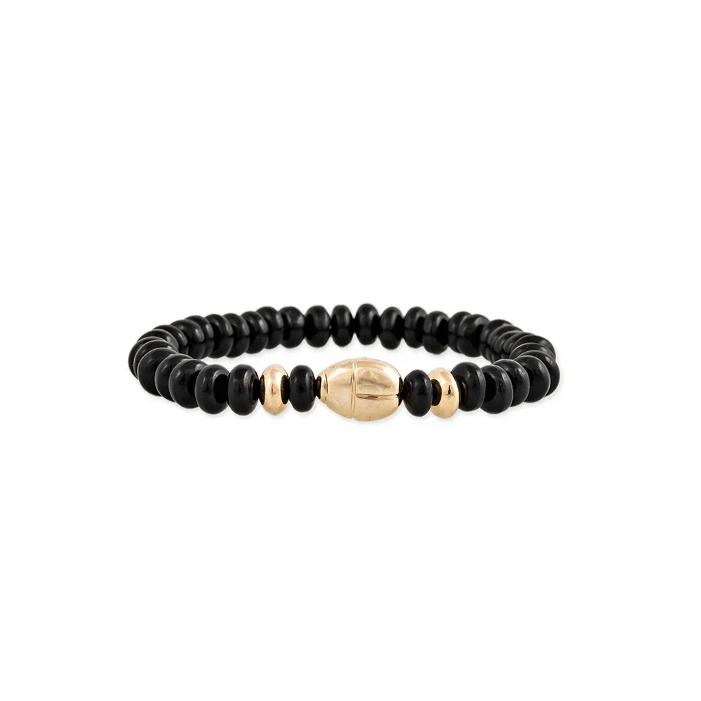 Scarab + Gold and Onyx Beaded Stretch Bracelet
