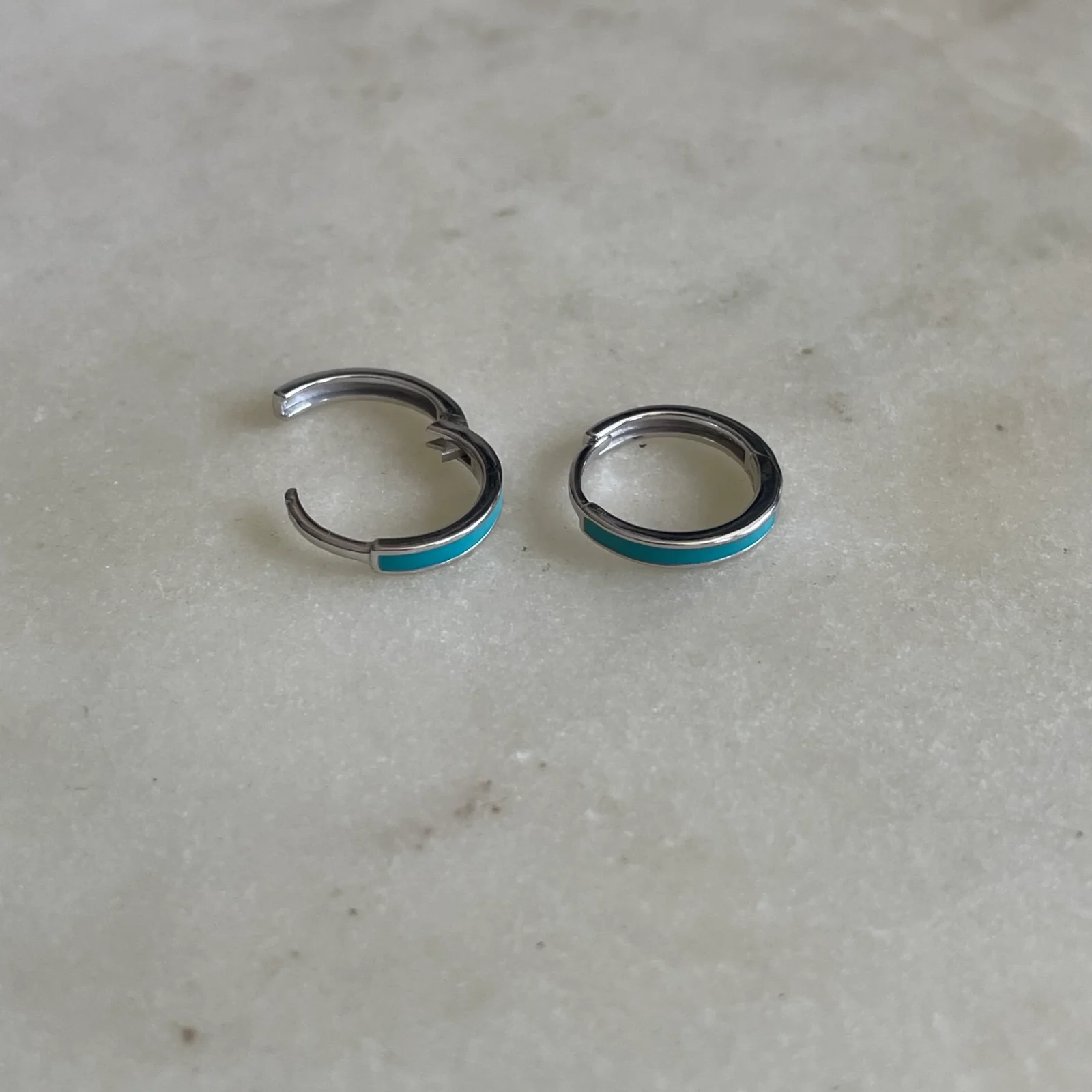 STERLING SILVER HOOPS — TURQUOISE ENAMEL EARRINGS - Image 2
