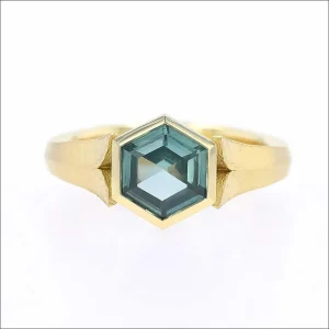 Teal Hexagonal Montana Sapphire Leaf Ring 18KY