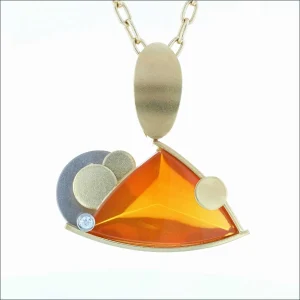 Triangular Fantasy Cut Fire Opal Diamond Pendant 18KY 18KW (Consignment)
